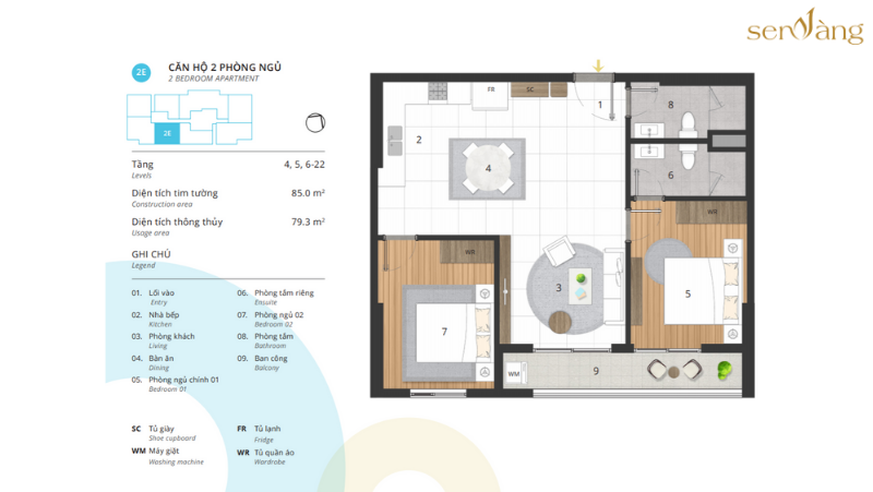 Phòng ngủ 2E – Diện tích thông thủy 79.3 m2 CENTRO – KOSMO TÂY HỒ