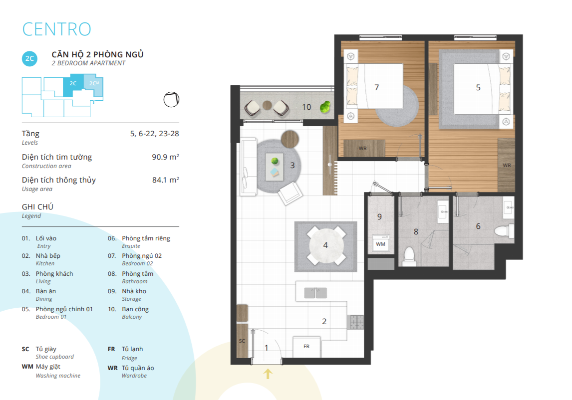 Phòng ngủ 2C/2CM – Diện tích thông thủy 84.1 m2 CENTRO – KOSMO TÂY HỒ